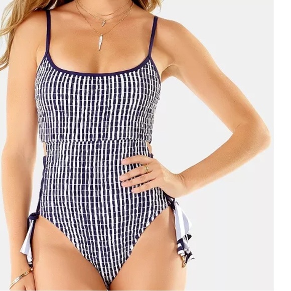 Anne Cole Studio Don't Smock Me One-Piece Swimsuit blue/white tie side size 10 - Picture 2 of 8
